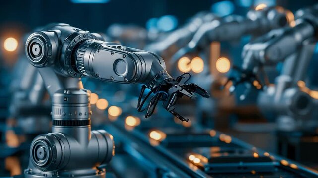 Robotic Arms Assembly Line in Blue Industrial Light