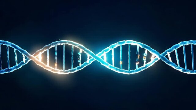 DNA helix glowing with digital particles during genetic research in dark laboratory