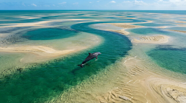 Aerial view of dolphin jumping in turquoise tropical lagoon surrounded by white sandbars and shallow channels.