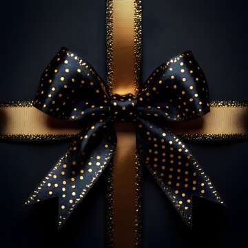 Luxurious black and gold polka dot ribbon forms a perfect bow, symbolizing celebration and elegance.