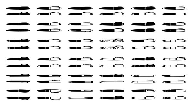 Office Stationery and Writing Instruments Silhouette Vector Icon Set Featuring Various Ballpoint Pens, Rollerballs, Mechanical Pencils, Fountain Pens, and Highlight Markers