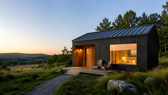 Cozy dark wooden cabin with glowing warm interior in scenic meadow at sunset.