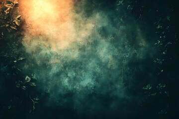 Fototapeta premium Textured background with smoky ethereal clouds in green and turquoise tones illuminated by a bright orange light.