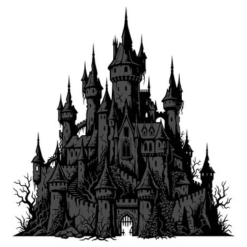 Gothic haunted castle silhouette vector, spooky medieval fortress with towers and spires, dark fantasy vampire palace for Halloween design