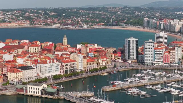 Aerial \iew of Downtown Gijon  - Marina and Boats, Cimavilla Peninsula, and Coastline Cityscape in Asturias, Northern Spain