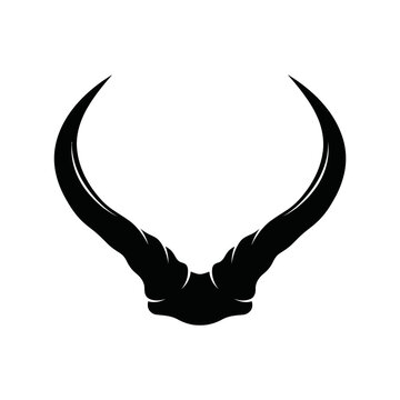 Minimalist bull horn silhouette vector, curved animal horns logo icon, black tribal buffalo horn graphic on white background