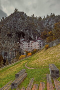 Predjama Castle (Predjamski grad), Renaissance fort built for defense under a natural rock arch high in the mountain stone wall. Postojna-Slovenia-202
