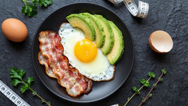 A high-protein ketogenic breakfast with fried egg, sliced avocado, crispy bacon, fresh herbs, and measuring tape on dark stone surface.