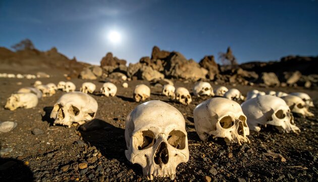 A field of human skulls scattered across a desolate, rocky landscape under a bright sun, evoking themes of death and mortality