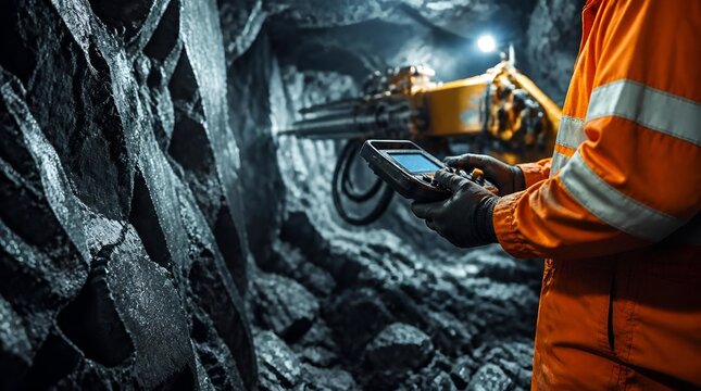 Professional miner operating remote control drilling machine in deep underground rocky mine tunnel