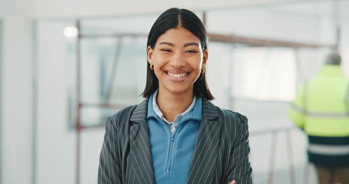 Arms crossed, face and woman with smile for construction, building renovation or site visit. Laugh, client representative or confident for commercial remodeling, project lead or property development