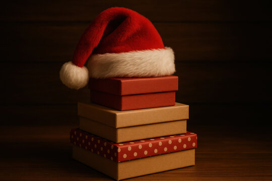 Santa hat resting on pile of gift boxes with cozy warm lighting creating festive and inviting holiday atmosphere in dark wooden setting