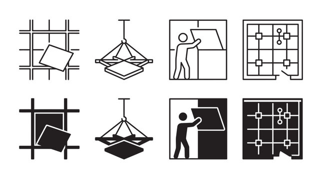 Suspended ceiling tile installation icon set construction and interior design elements with construction, installation