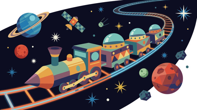 Geometric sci-fi illustration featuring a futuristic train traveling on a glowing space railway track through asteroid fields and planets in blue, yellow, and red.