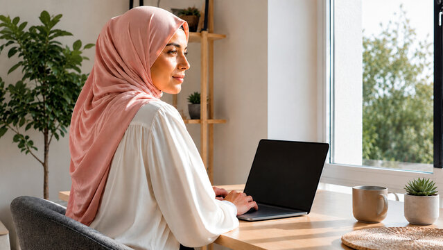 Middle eastern woman wearing pink hijab working on laptop at home office desk. Professional freelance worker browsing internet near window. Modern lifestyle and digital communication concept.