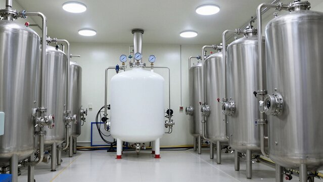 Rows of stainless steel tanks connected by complex piping systems inside a clean, well-lit industrial facility.