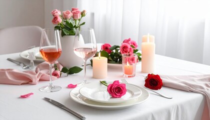 Fototapeta premium Elegant Wedding Table Setting with Floral Decorations, Luxury Dinnerware, Wine Glasses, Candles, and Romantic Banquet Arrangement for Celebration Reception