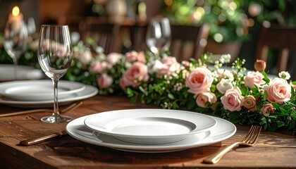 Fototapeta premium Elegant Wine Glasses on a Dining Table with Gourmet Food, Cheese, Salad and Celebration Dinner Setting in a Restaurant Atmosphere