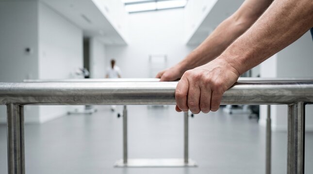 Close-up of patient hands gripping stainless steel parallel bars for gait training and physical therapy in a bright medical clinic.