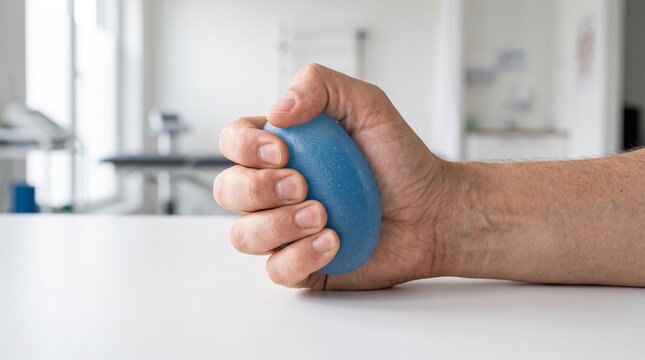 Close-up of a man's hand squeezing a blue silicone stress ball on a white table for grip strengthening and physiotherapy rehab.