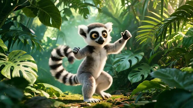 Ring-tailed lemur dancing playfully in a lush jungle during golden hour cinematic motion