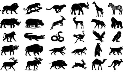 Obraz premium Safari Wildlife Animal Silhouette Bundle Minimal Black Vector Illustration Set