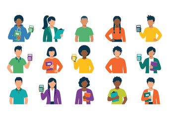 Fototapeta premium Set of diverse people holding various drinks and snacks isolated on a white background in flat style