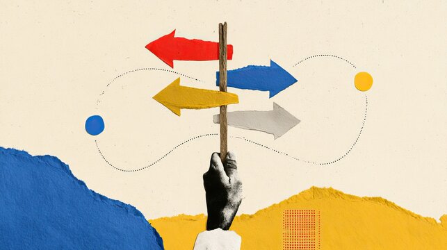 Hand holding signpost with colorful arrows pointing different directions