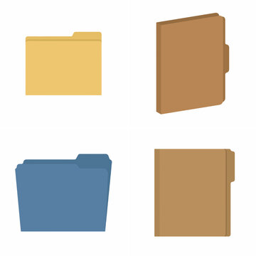 Collection of colored office file folder icons including yellow blue and brown folders for document management and data organization isolated on white