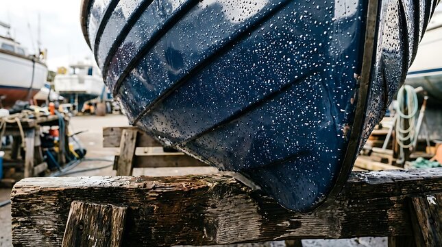 Old dark blue wooden boat hull undergoing maintenance in a shipyard.