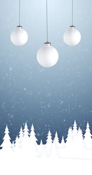  Swinging christmas baubles on a snowy winter spruce tree landscape with blue sky loop snowfall vertical background.