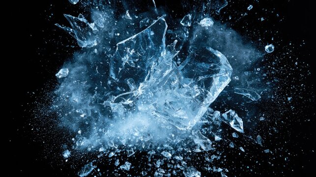 Shattering ice fragments explode outward against a dark background