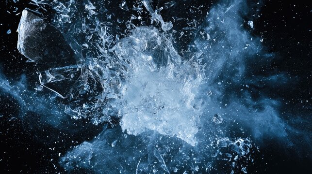 Intense explosion of shattered ice and frosty mist against a dark backdrop