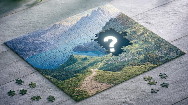 Mysterious Mountain Lake Puzzle with Missing Piece and Question Mark.