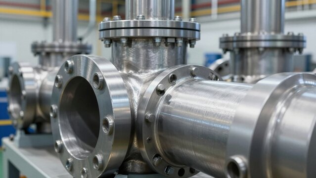 Close-up of polished steel pipe flanges connected by bolts in a modern factory setting with metallic sheen and precision engineering.