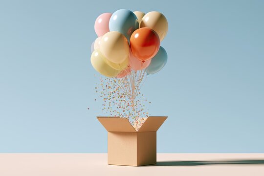 Pastel balloons float from open box, releasing colorful confetti, soft blue sky