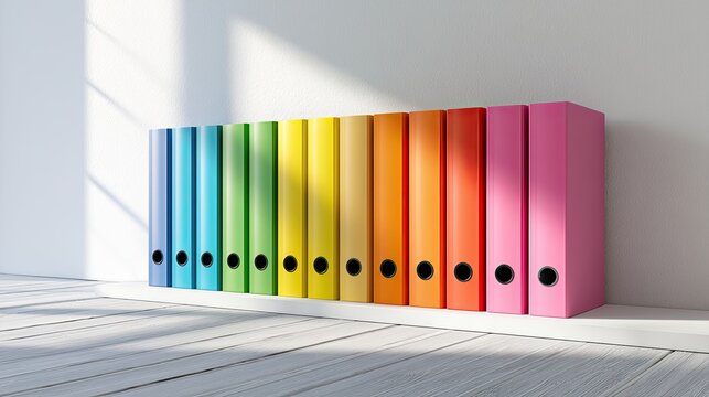 Colorful Ring Binders Lined Up in a Rainbow Spectrum.