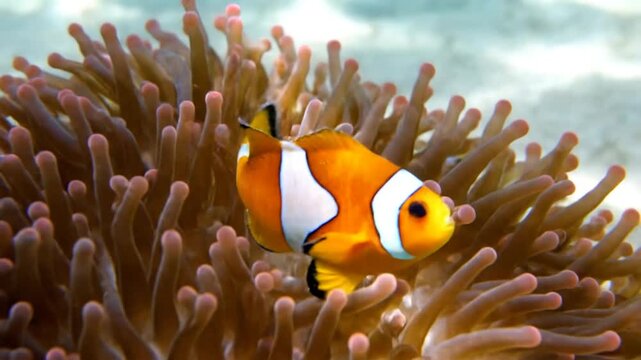 Clownfish near coral in clear ocean water.