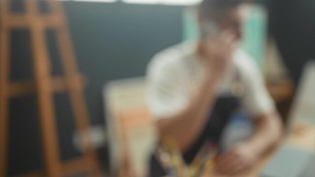 Man painter in apron holds smartphone to ear and gestures with hand while seated at laptop and paints in art studio; focused creativity communication.