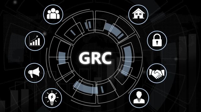 Governance risk and compliance grc digital interface concept featuring animated hud corporate strategy cybersecurity protocols, and business management data visualization