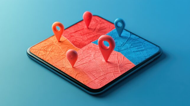 A smartphone screen displays a colorful 3D map with multiple location pins marking different areas on a grid.