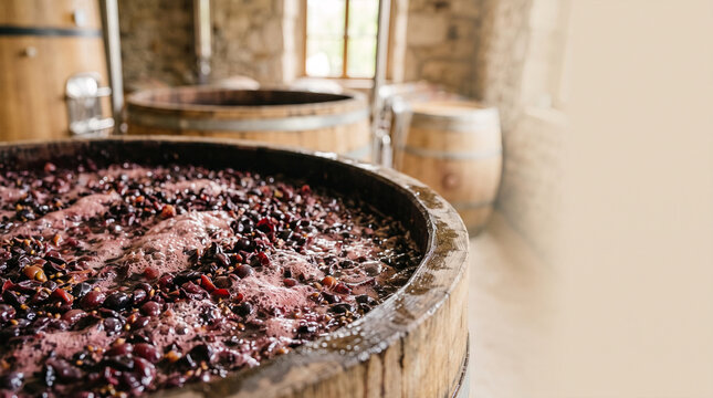 Grapes fermenting in wooden vat at winery for wine production
