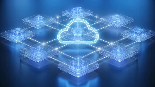 3D transparent blocks network representing cloud computing and data exchange