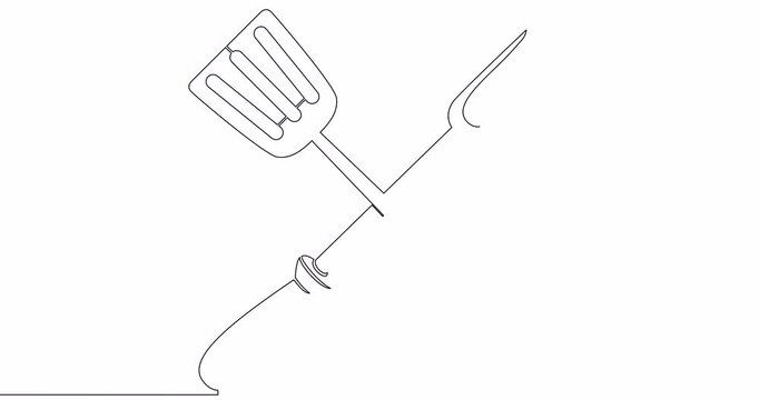 Self drawing line animation spatula and fork BBQ continuous one single line drawn concept video