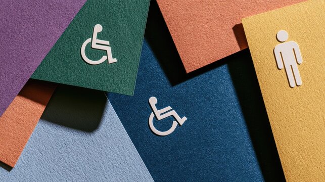 Abstract arrangement of colored paper squares with accessibility and male figures