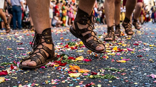 People walking in gladiator sandals on a flower petal covered street.