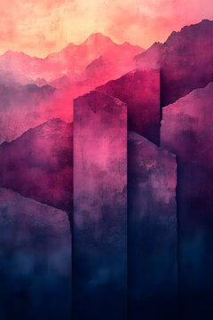 Abstract landscape painting with vibrant pink and purple hues depicting mountainous terrain.