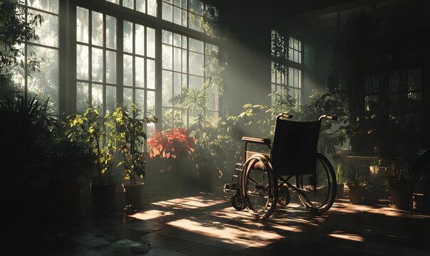 Abandoned wheelchair bathed in dramatic sunlight filtering through large windows in a plant-filled room