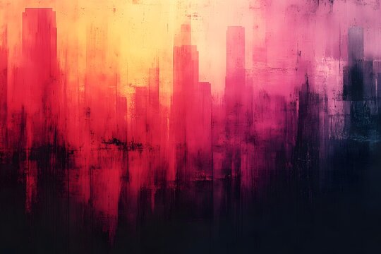 An abstract cityscape emerges from a textured blend of fiery orange, vibrant pink, and deep charcoal tones.
