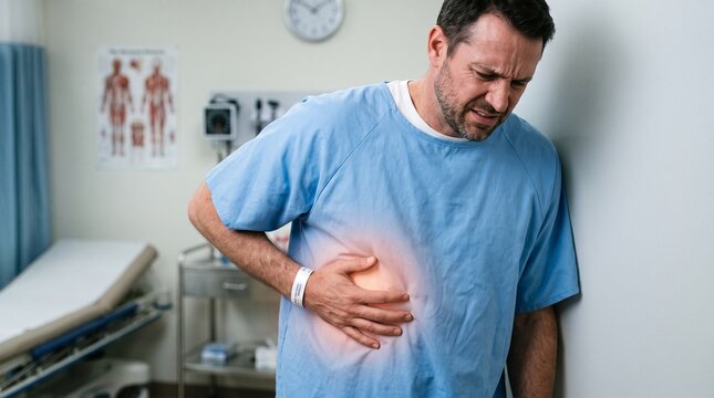 Middle aged male hospital patient in blue gown holding painful stomach abdomen with red glowing highlight in medical clinic setting for healthcare stock photo